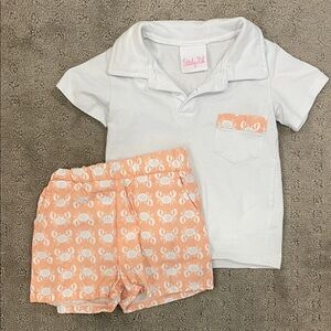 White Polo Shirt and Orange Crab Print Shorts Set
